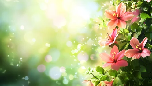 Coral Blooms Against Luminous Bokeh Garden Backdrop.