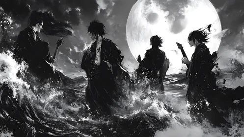 Samurai silhouettes in storm-tossed sea beneath full moon.