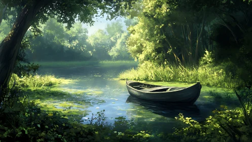 Sunlit river lullaby with a dreaming wooden boat.