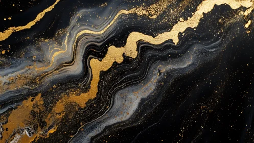 Black and gold fluid abstract with marbled metallic streaks.