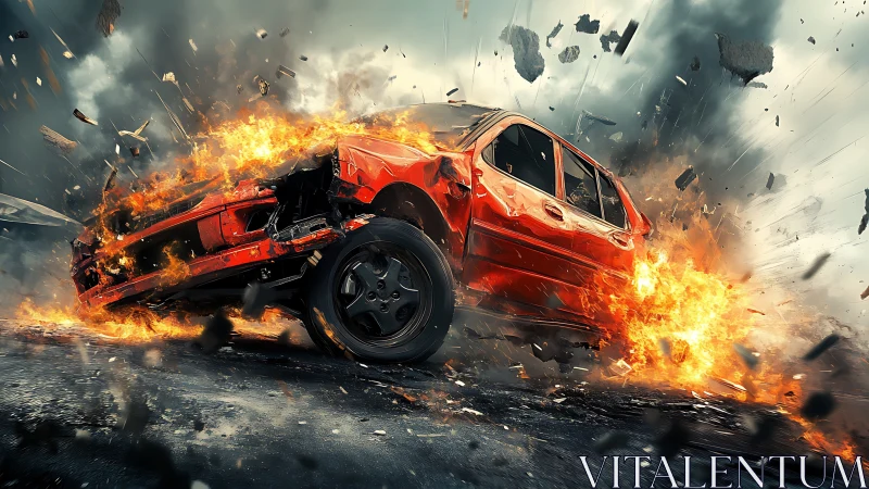 Red vehicle undergoes explosive impact with debris dispersion