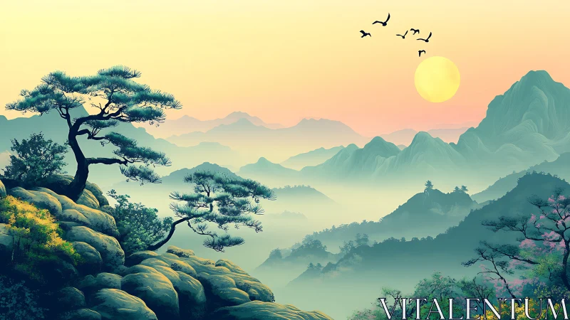 Digital painting landscape with layered misty mountain ranges.