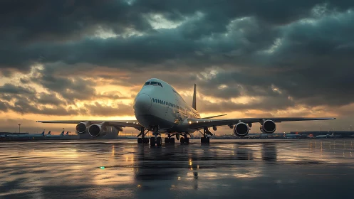 Passenger jet rests on wet runway under dramatic dawn sky