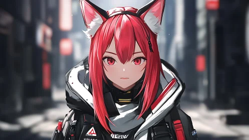 Cyberstreet fox-eared warrior glows in neon hush twilight.