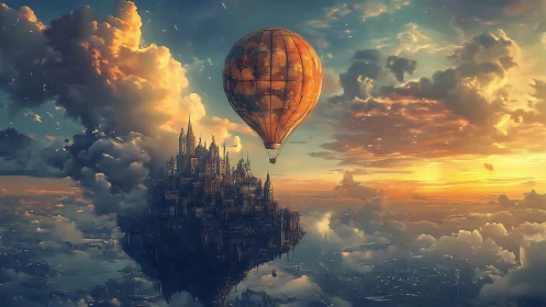 Floating steampunk city tethered to glowing air balloon.