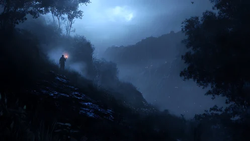 Lone figure with torch on rainy moonlit forest slope.