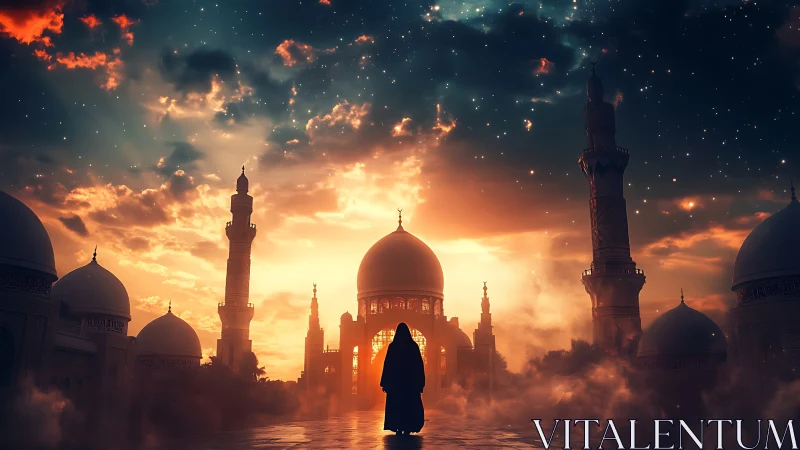Silhouetted figure stands before domed mosque at sunset sky