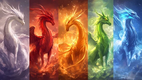 Five elemental dragons stand in colored vertical panels