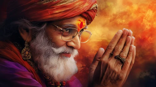 Elderly man in traditional attire with folded hands profile.