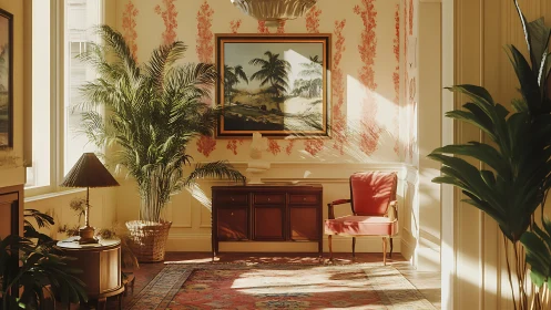 Sunlit classical sitting room with tropical interior accents.