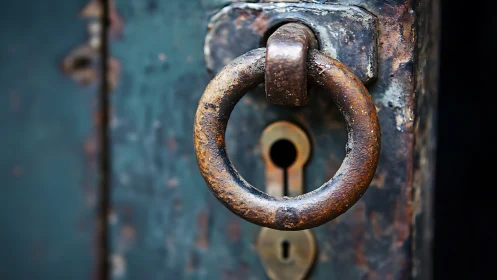 Rusted iron door ring frames worn keyhole on patina steel