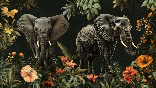 Detailed illustration of two African elephants in lush floral jungle