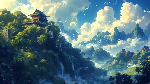 Mountain temple crowns misty valley under luminous clouds.