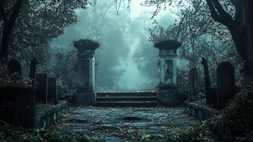 Foggy stone graveyard entrance frames central stairway view