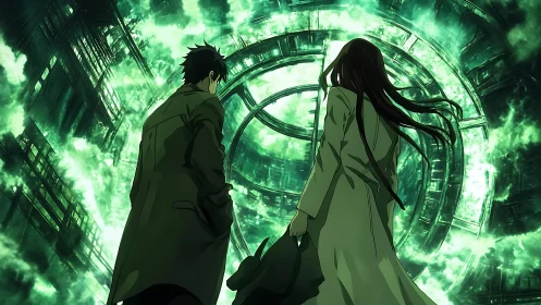 Time vortex gateway confronting two silhouetted scientists.