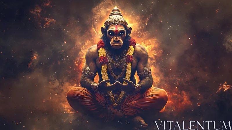 Meditative simian deity amid blazing cosmic firestorm.