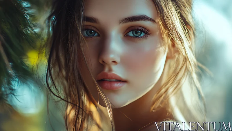 Digital portrait captures luminous teal-eyed woman outdoors