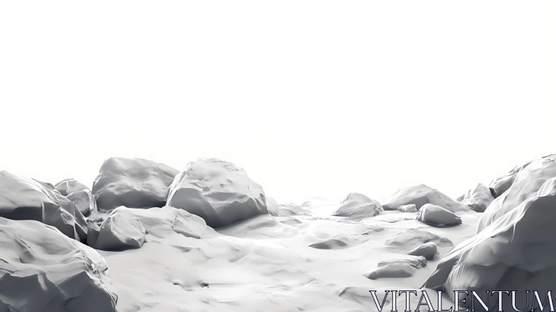 Snow sculpted boulders quietly dissolve into a white sky