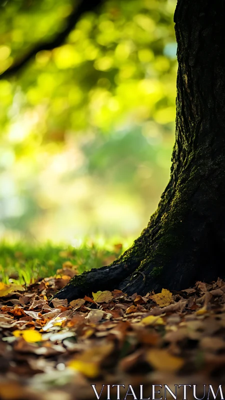 Sunlit tree trunk anchors a carpet of glowing autumn leaves