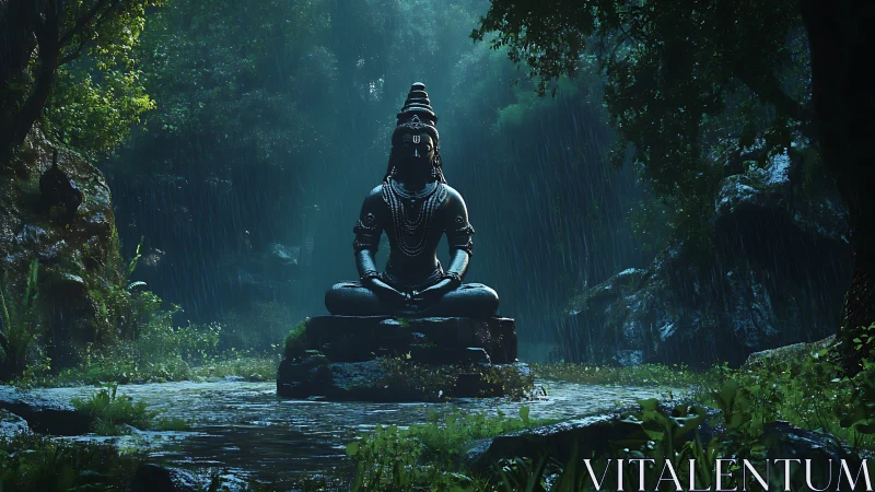 3D meditative Shiva statue in rain-soaked jungle clearing.