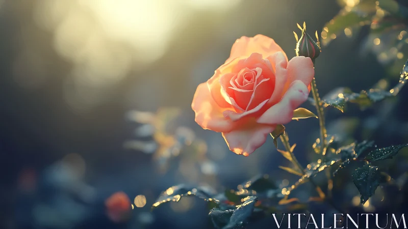 Coral Rose Bathed in Golden Hour Radiance and Dewdrops