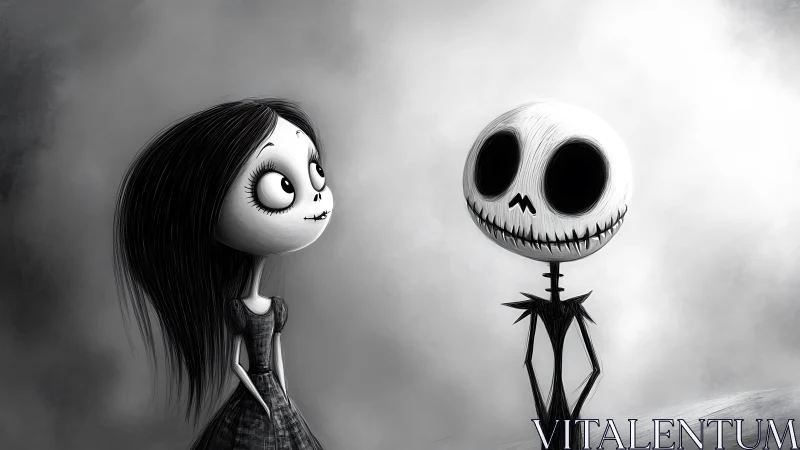 Timid gothic girl and skeletal figure in misty grayscale scene.