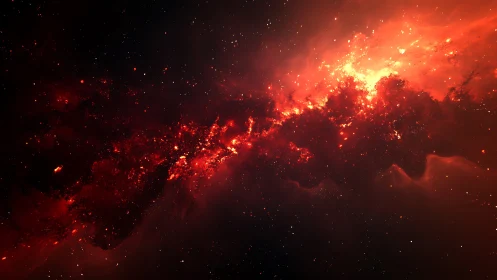 Digital nebula corridor in luminous red particulate field.