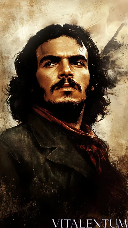 Strong bearded man in coat with textured painted backdrop.