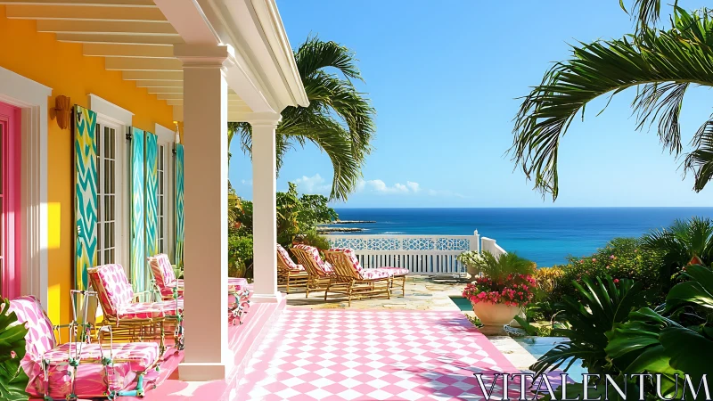 Candy colored veranda lounges boldly above turquoise sea