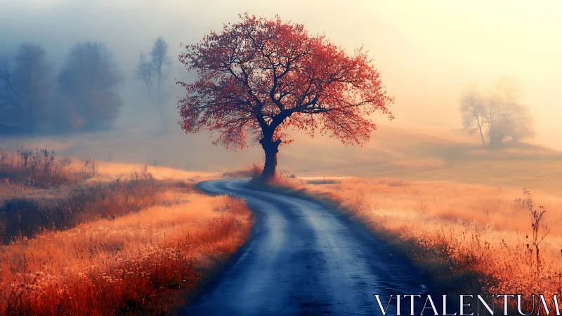Autumn road curls beneath a lone ember tree in morning haze.
