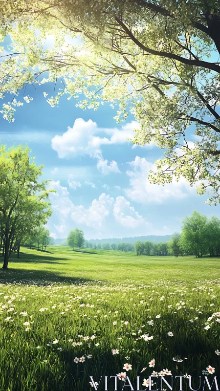 Spring sunlight drifts softly across a wildflower meadow