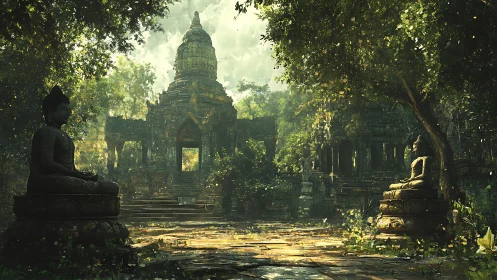Ancient jungle temple and serene Buddha statues at dawn.