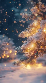 Snow-dusted Christmas tree branch with warm bokeh lighting