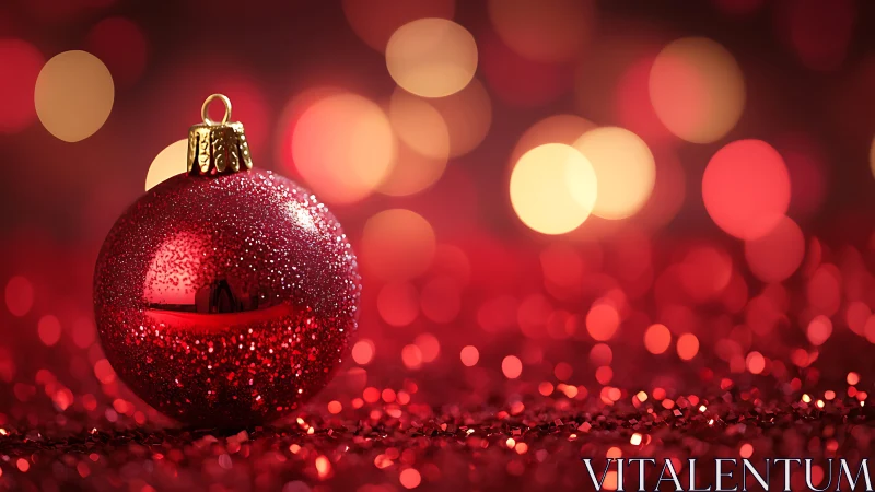 Red glitter Christmas bauble on festive bokeh background.