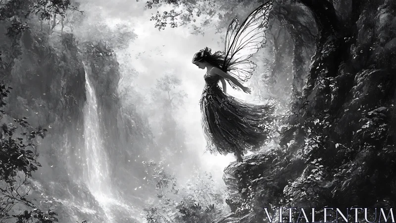 Winged female figure on cliff edge above forest waterfall.