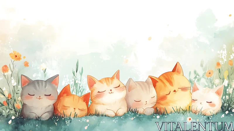 Five Peaceful Kittens Resting Among Spring Flowers