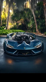 Hypercar stands poised under lush tropical canopy glow