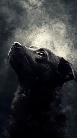 Gentle black dog gazing upward in soft dreamlike light.