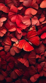 Digital painting of red butterfly swarm with focal contrast.