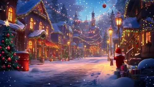 Snowy Christmas village street with lights and Santa figure.