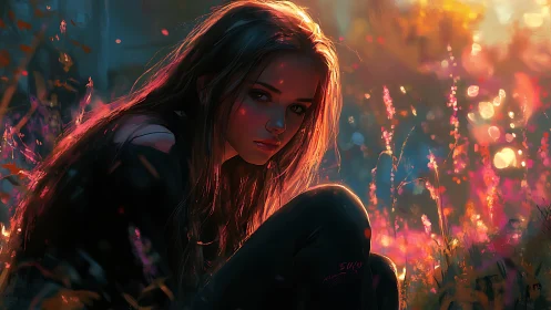 Twilight meadow fire paints a quiet girl in molten color