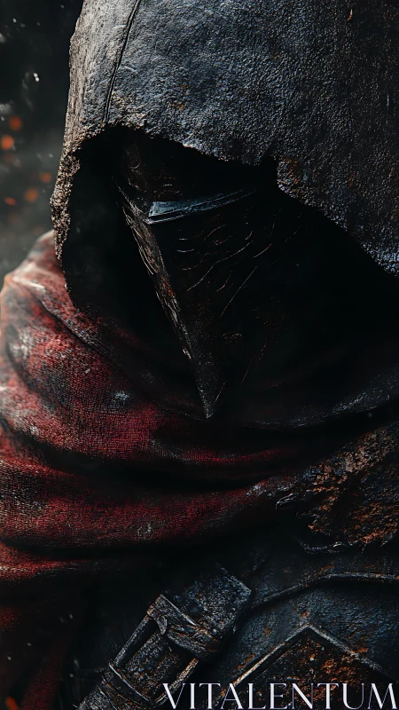 Mysterious hooded wanderer wrapped in weathered crimson cloth.