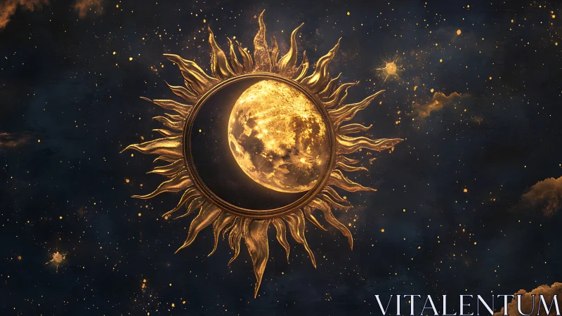 Golden sun and moon embrace in a softly glowing sky.