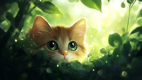Cat with green eyes in foliage with luminous bokeh.
