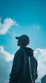 Silhouetted hoodie figure under vivid blue afternoon sky.