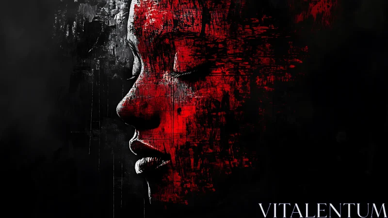 Textured red side-profile portrait uses grunge overlay abstraction