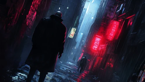 Solitary figure stalks neon alley under harsh midnight rain