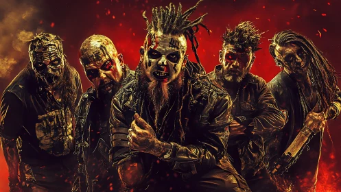 Metal band in post‑apocalyptic makeup under red lighting.