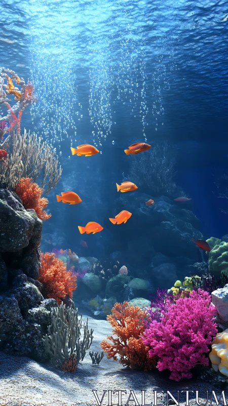 Vibrant reefscape with shimmering orange fish in sunrays.