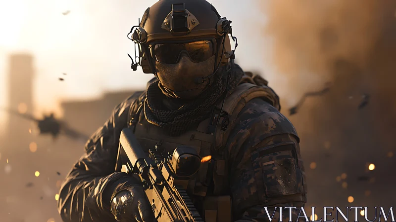 Heavily equipped soldier holds rifle amid dust and debris